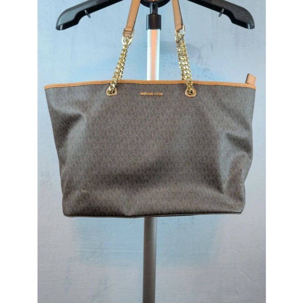 Michael Kors Jet Set Travel Large Chain Tote Brown Signature Gold Hardware